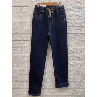 冬款鬆緊腰英文繡花厚刷毛牛仔褲