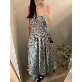 CHILL 韓系細肩碎花洋裝 吊帶洋裝 連身裙 渡假風長洋裝, 白色