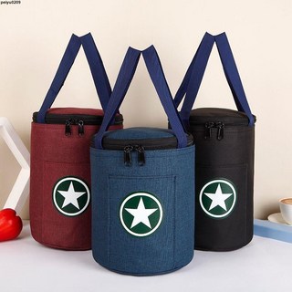 台出【保溫袋 野餐袋 保冰袋】加厚大容量圓形飯盒袋手提防水圓桶鋁箔紙便當包帶飯午餐包, 灰色幸運星,超大高32厘米直徑21, 1個