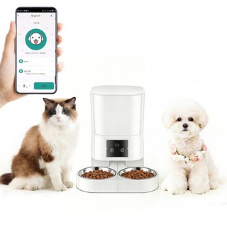 강아지 고양이 반려동물 자동 급식기 듀얼 초대용량, 1개, 화이트, 5.5L