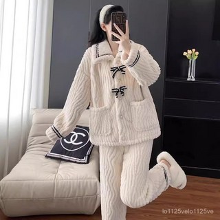 【冬季爆款】小香風開衫睡衣女外穿冬珊瑚絨蝴蝶結家居服加厚大碼甜美翻領套裝百搭 時尚 1214 QJ0U