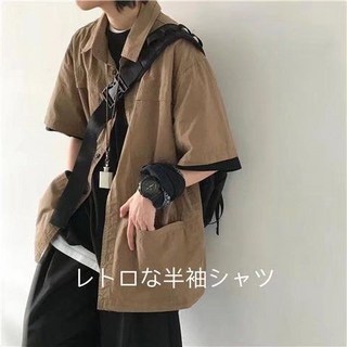 工裝薄款短袖襯衫男夏ins潮牌痞帥寬鬆襯衣日系顯瘦