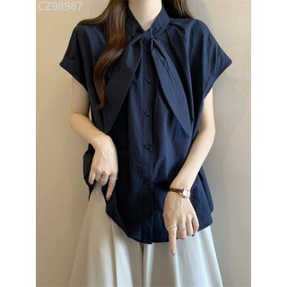 韓系純色立領短袖襯衫女夏季溫柔寬鬆襯衣設計感chic百搭上衣
