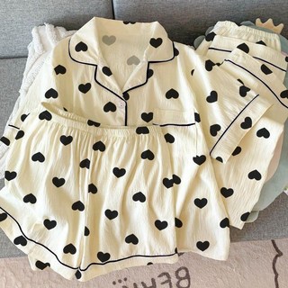 高顏值愛心印花睡衣女春秋新款網紅ins簡約家居服三件套夏天外穿