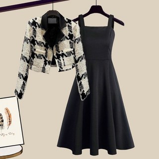 m-4xl 트위드 자켓 뷔스티에 롱원피스 투피스 클래식 예쁜 정장원피스세트 체크 숏코트+민소매 a라인 플리츠원피스 여성 하객룩