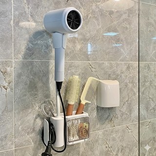 슈퍼인 드라이기거치대 무타공 거치대 각도 조절 보관함 벽걸이형치대, 화이트, 1개