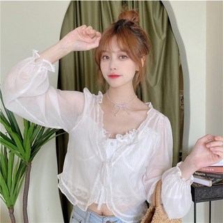 SISI浪漫唯美長袖V領超仙防曬滾花邊系帶披肩透膚燈籠袖開衫外套上衣春夏