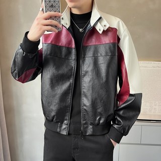 台灣出貨 PU皮翻領外套 拼色工裝夾克 男女同款 寬鬆百搭休閑外套 機車皮外套 夾克外套 皮衣男 皮外套 男生外套