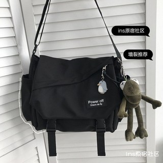 韓國ins克萊因藍大容量斜挎包女大學生上課包韓版百搭單肩書包男, 黑色 加蛙哥