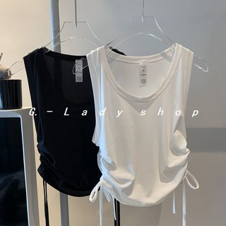 夏季女款無袖背心運動罩衫 寬鬆薄款時尚抽繩圓領健身休閒上衣 瑜珈服