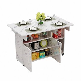 簡約摺疊餐桌，大理石紋面/可移動設計，附儲物櫃, 白色, 4人