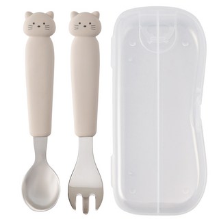 키도러블 고양이 스텐 실리콘 스푼+포크+케이스 세트, 1세트, 웜그레이