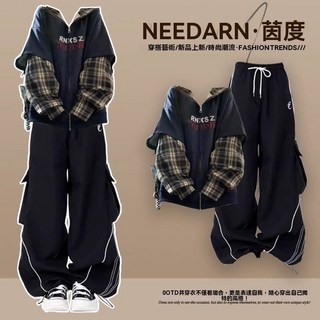 韓系一整套秋冬穿搭酷颯拽姐黑色工裝褲秋裝女2025年新款時尚套裝