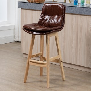 實木吧臺椅現代簡約皮吧椅輕奢家用酒吧椅設計師款高腳凳吧檯凳子吧椅, 1個, 72CM原木色框架棕色皮, 72CM原木色框架棕色皮