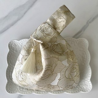 이트 전통 꽃 복주머니 선물 가방 - 결혼식 답례품 축제 추석 설날 명절 선물 고급 보자기 포장 봉투, 아이보리