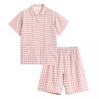 【涼感】無印日式良品 純棉雙層紗佈 居傢服 睡衣套裝 睡衣女 情侶睡衣 夏天睡衣短袖睡衣男女版全棉短褲傢居服宜泊藍