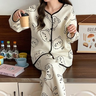 겨울 누빔 수면 잠옷 긴팔 누빔버튼 구름베어 상하의 세트 파자마 여성용 빅사이즈 데일리 홈웨어