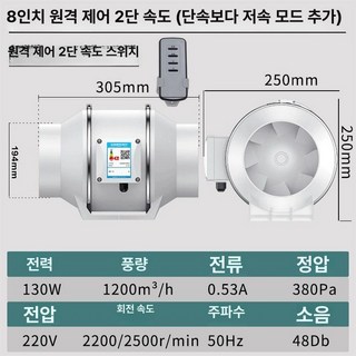키친 후드 시코로팬 환기팬 교체 송풍기 공업용 덕트부자재, 8인치 리모컨 이중 속도