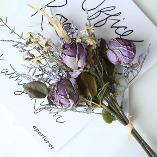 【台灣出貨】 復古玫瑰雛菊花束 復古烤邊玫瑰 乾燥花 仿真花 玫瑰花束 小雛菊 情人草 假花 捧花 婚紗拍攝道具, 1個, 【紫色】
