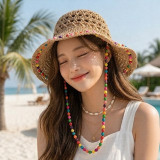 티앤비 봄 여름 라피아 비즈 밀짚 버킷햇