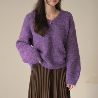 데일리앤 미라클 글리터 스팽글 헤어리 브이넥 울 니트 겨울 풀오버