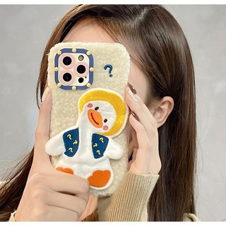 귀여운 오리 동물 캐릭터 스웨이드 털 인형 입체 카메라 렌즈 풀커버 케이스 아이폰 13 프로 맥스 12 11 XS