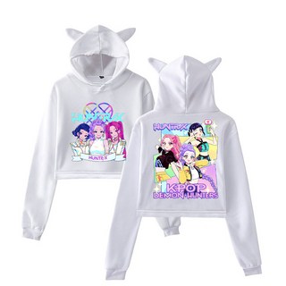 獵魔女團KPop Demon Hunters新款動漫卡通周邊印花時尚女裝貓耳朵連帽短款衛衣, 1個, 白色3
