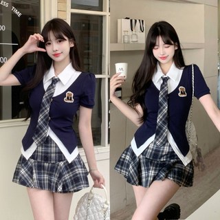 915L_夏季新款 薄荷汽水紺夏款少女薄荷漫波顯瘦假兩件上衣格紋短裙女 大尺碼女裝 校園風 正韓版氣質設計感 大學校園裝, 上衣+短裙,2XL【建議體重70-80公斤】