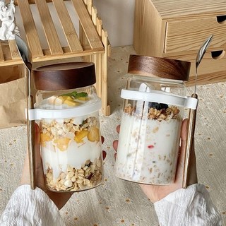 高硼硅燕麥杯玻璃帶蓋帶勺便攜外帶奶昔酸奶水果麥片早餐代餐杯子, 1個, 侶裝/兩隻】耐高溫-高硼硅/相思木密封杯,關注：下單送對應數量【金色櫻花長勺】