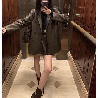 黑色復古皮衣西裝外套 女款 2026春秋季設計 寬鬆休閒西服上衣