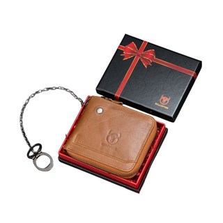 BULLCAPTAIN 男士真皮短款拉鍊錢包 附鏈條 禮盒裝 多卡位 防盜錢包
