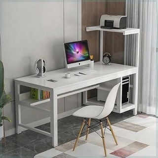 컴퓨터 책상 모던 게이밍 데스크 스틸우드 수납 선반형 공부 사무용 책상 프린터 거치 가능, 화이트