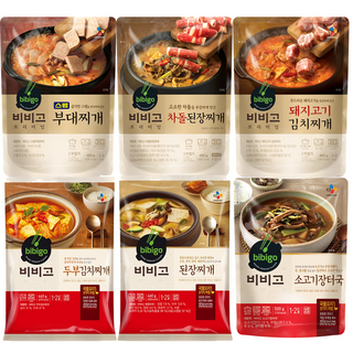 [꾸리미] CJ 비비고 즉석 찌개 6종(스팸부대찌개+차돌된장찌개+돼지고기 김치찌개+두부김치찌개+소고기장터+된장찌개), 460g, 1세트