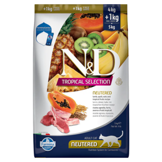 N&D 室內/結紮貓 天然熱帶水果系列 貓乾糧, 羊肉木瓜, 5kg, 1袋