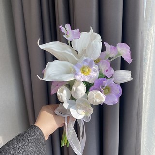 11月上新 新中式 高級仿真鬱金香 新娘婚禮領證拍照假花 仿真花 手捧花束, 1個, 紫色手捧花A款(成品現發)