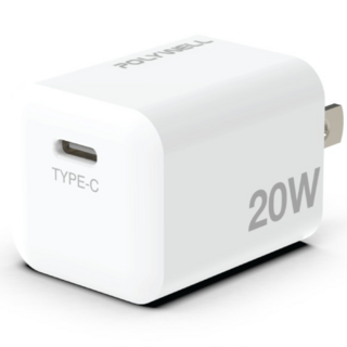 POLYWELL PD快充豆腐頭蘋果充電頭，20W雙孔Type-C快速充電器，台灣現貨, 1個, 白色, 白色