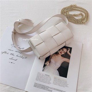 No Plan 韓國牛皮編織小包 附金鏈帶 五色 側背帶 真皮 磁吸式 小廢包, 牛奶白【現貨】