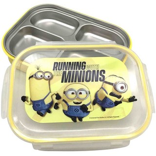 小小兵不鏽鋼附蓋餐盤【台灣正版現貨】，兒童餐具，分隔餐盤，附蓋保鮮，卡通餐盤, 1個