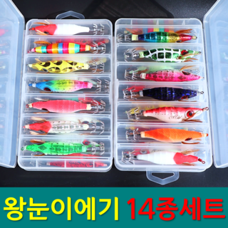 예피싱 14종 왕눈이에기 세트 왕눈이에기+태클박스 문어 갑오징어 쭈꾸미 루어 야광, 14종 왕눈이세트, 10g