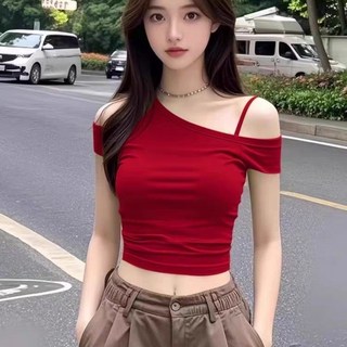 【修身顯瘦】2025新款夏季修身露肩短袖t恤女性感辣妹短款一字肩上衣絕美顯瘦