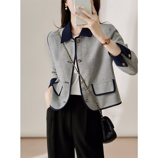 【小香風顯白】短款外套 女裝上衣 春裝外套 小香風外套 粗花呢外套 撞色翻領 羊毛混紡 春季通勤約會
