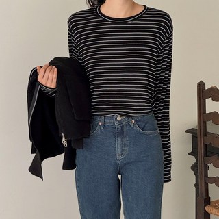 로로텐 스트라이프 스판 긴팔 티셔츠 라운드넥 여성 빅사이즈