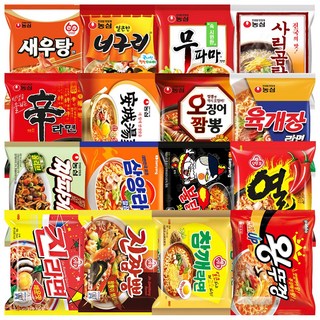 봉지라면 16종(새우탕면 너구리 무파마 사리곰탕 신라면 안성탕면 오징어짬뽕 육개장 짜파게티 삼양라면 불닭볶음면 열라면 진라면 진짬봉 참깨라면 왕뚜껑), 1세트