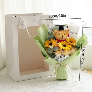 畢業季向日葵香皂花束博士熊玩偶花束送同學老師感恩畢業花束禮物, 1個, 綠色-太陽花畢業熊（香皂花）配手提袋+燈