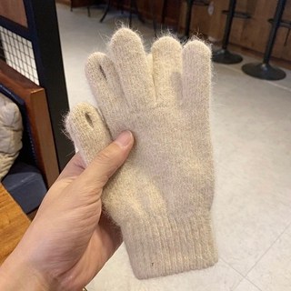 兔毛觸控指洞保暖手套 韓國風格 男女適用 騎行防寒 杏灰黑三色, 杏色(現貨）
