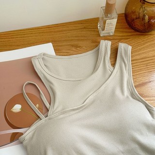 【Fee現貨6色】假兩件不規則胸墊繞頸背心 BRA TOP 女上衣 女背心 削肩背心 細肩帶寬肩帶挖肩背心 夏天背心