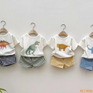 Hi！Kids 韓國童裝男女寶寶恐龍塗鴉短袖T恤格子短褲兩件套裝 (純棉舒適、卡通童趣)