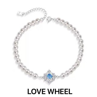 LOVE WHEEL 幸運四葉草仿珍珠手鏈 S925銀鑲嵌藍鋯石 白金色精緻閨蜜禮物