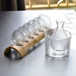 日式清酒壺套裝玻璃黃酒溫酒器燙酒壺家用一兩白酒杯咖啡錘紋鬥笠 冰桶 洋酒分酒器 溫酒器 溫酒壺 燙酒器 玻璃酒具套裝, 光邊1壺1缸6斗笠杯+彎竹架, 1個