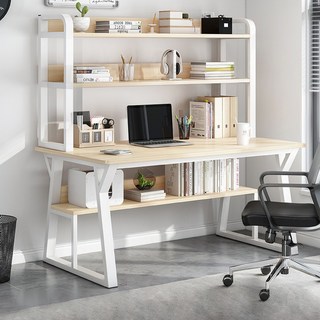 FONOW 컴퓨터책상 컴퓨터 책상 가정용 침실 간이 책장 일체형 책상, 목색